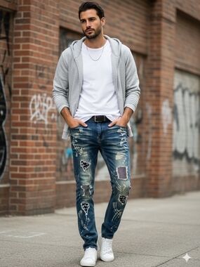 SWITCH Distressed Dark Blue Men’s Slim Taper Jeans with Bleach Accents